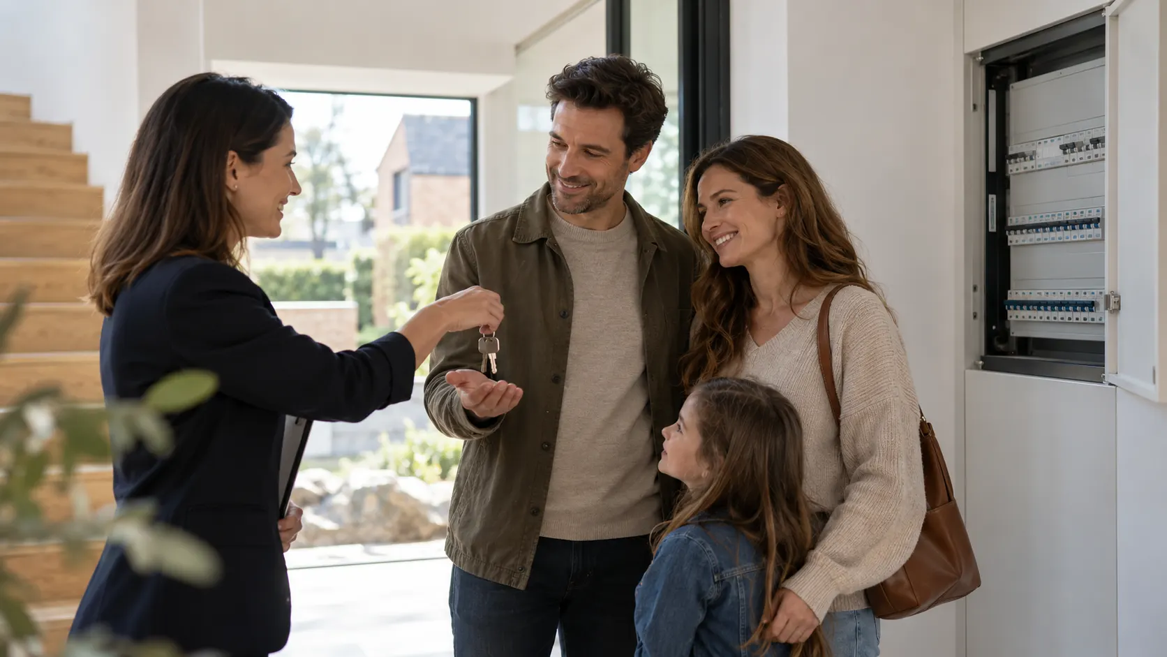 Remise des clés d'une maison, le tableau électrique est visible au mur