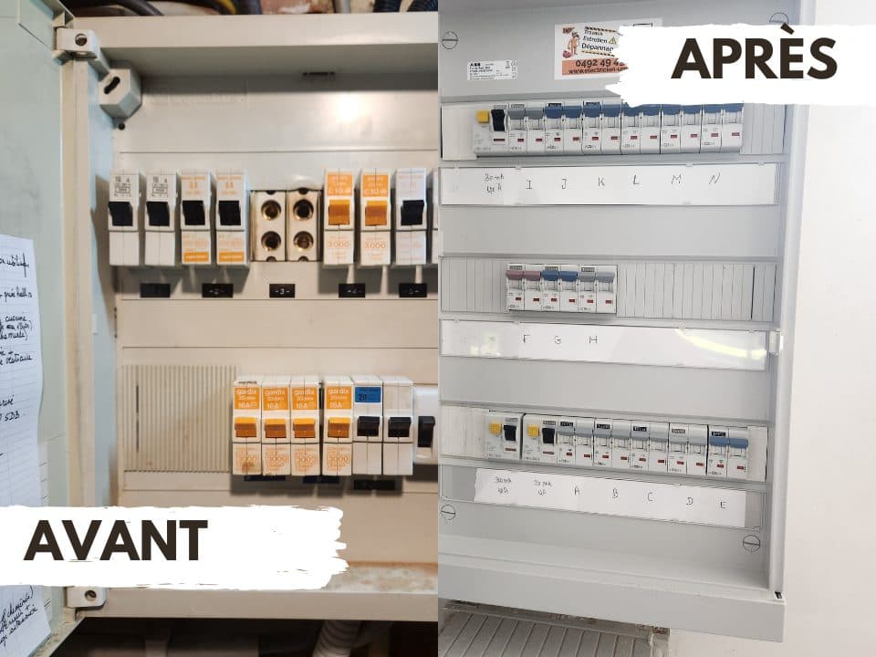 Tableau électrique avant et après remplacement, circuits repérés par lettres