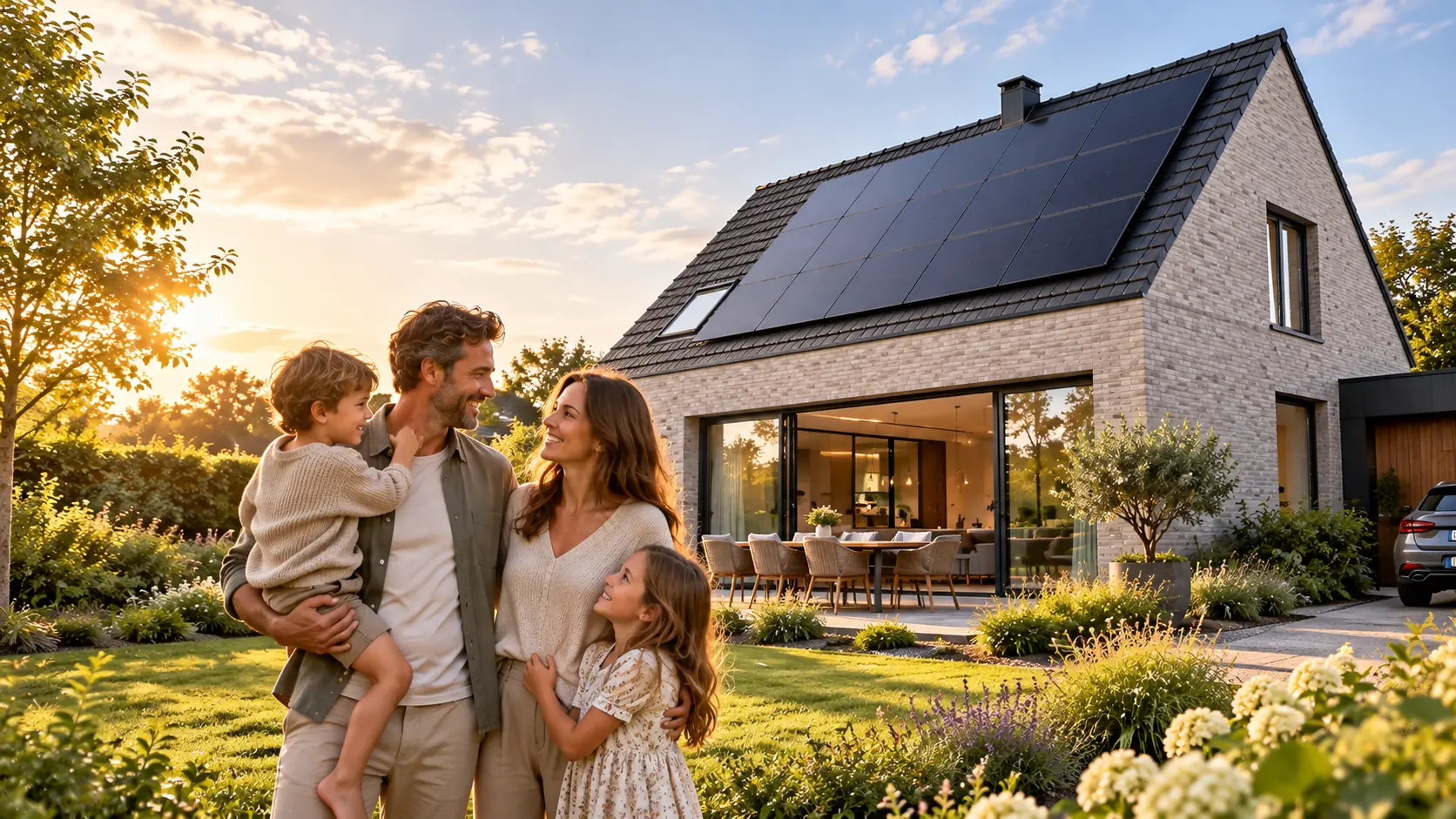 Famille devant une maison équipée de panneaux solaires sur le toit.